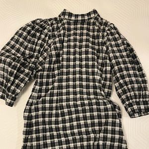 Ganni - Gingham Seersucker Puff Sleeved Dress, Cotton Blend